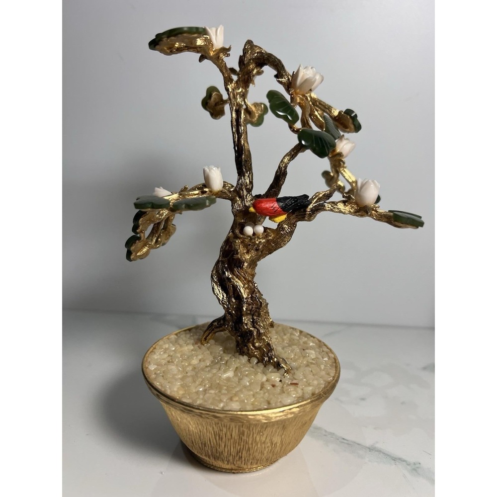 VTG Edward Swoboda Bonsai Tree Sculpture Semi Precious Stone Gold Plated Metal